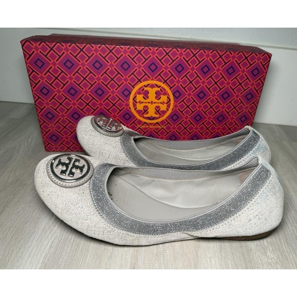 Tory Burch Ballet Flats White Glitter Embellished Logo‎ Women Size 8M